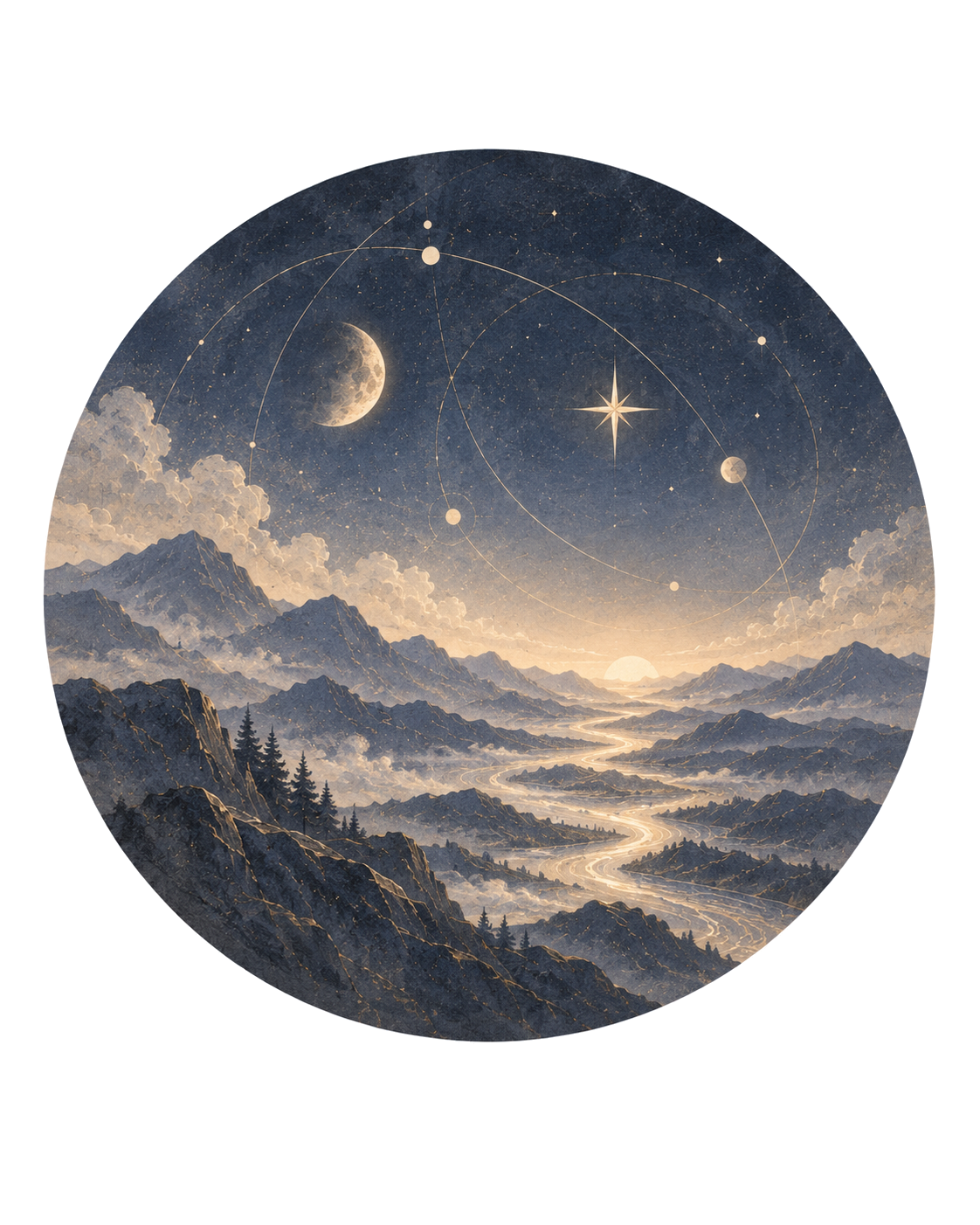 暮色星空、行星軌道與山脈插畫