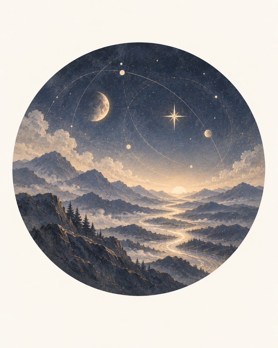 暮色星空、行星軌道與山脈插畫